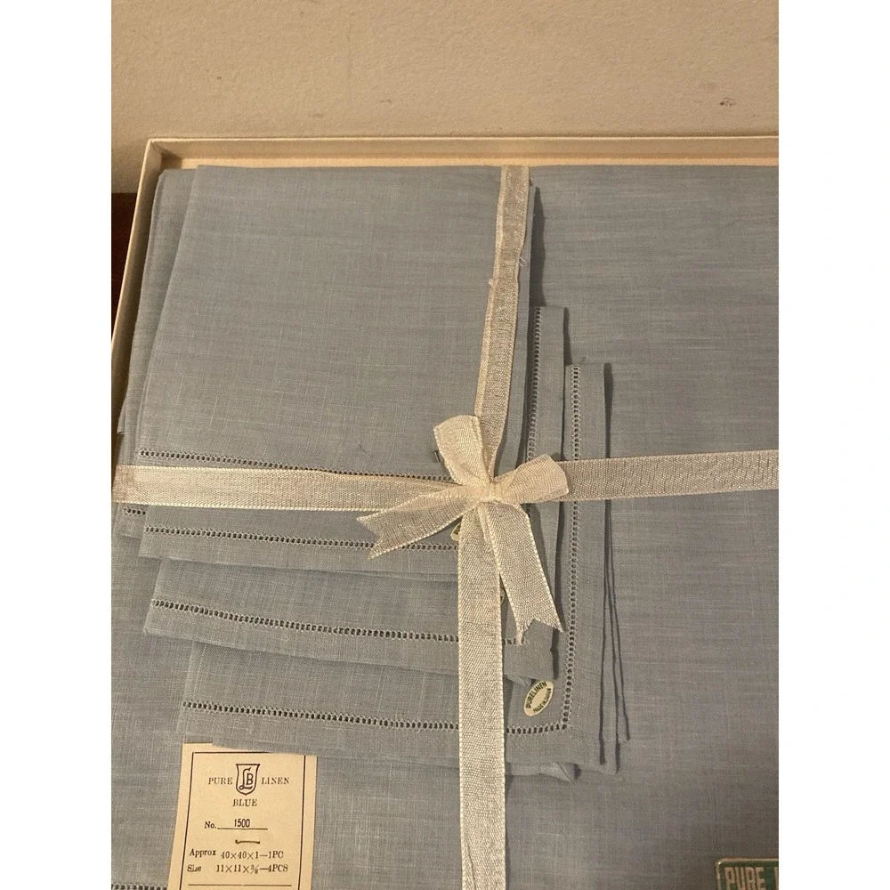 Vintage Japan Pure Linen‎ Tablecloth Napkin Set Blue NWT Original Box